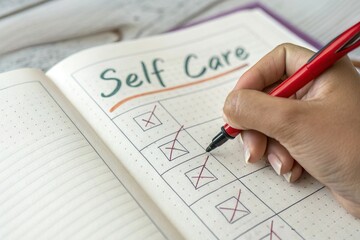 hand cross check list on self care note. Relaxation activity plan