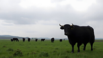 A lone black bull stands confidently in a green pasture, with other bulls in the distance. The cloudy sky adds a dramatic backdrop to the scene. 