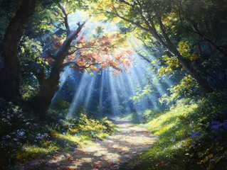 Obraz premium Exploring an enchanting forest path in nature’s heart a journey through colorful leaves and warm sunlight