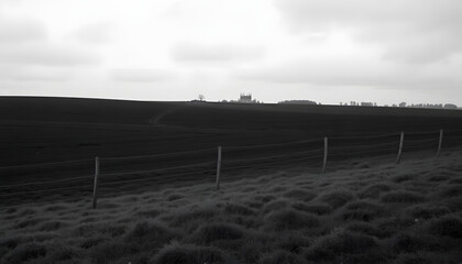 Fototapeta premium Monochromatic Countryside: A black and white landscape photograph showcasing a vast, plowed field stretching to the horizon, punctuated by a meandering fence line and a distant structure.