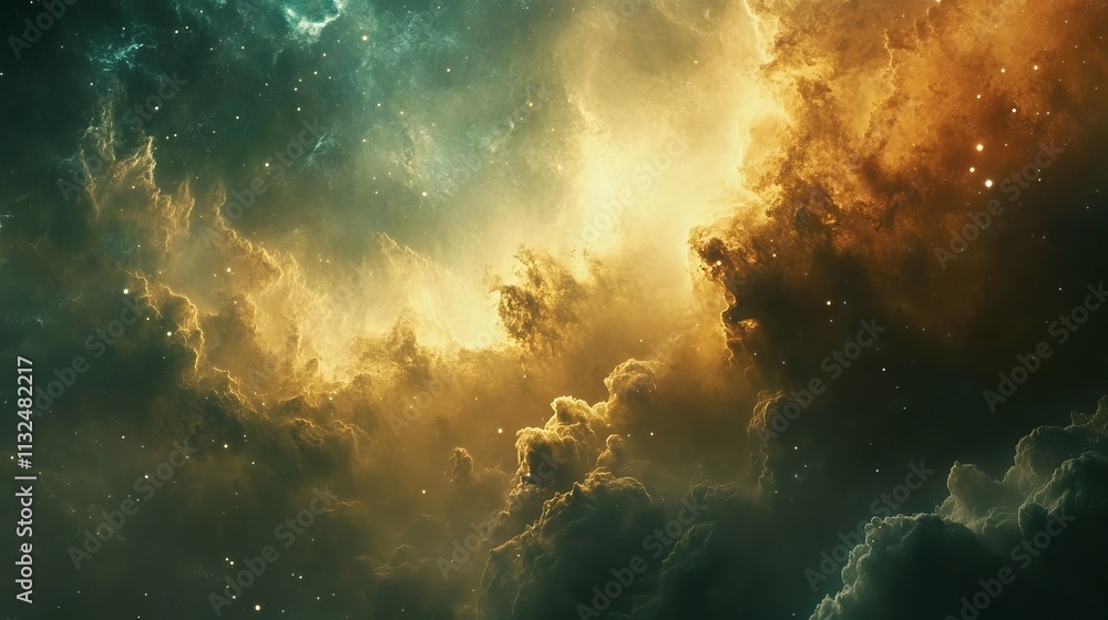 Poster stunning multi-colored nebula in the vastness of outer space, featuring twinkling stars and dynamic 