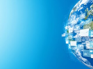 High-Resolution Earth from Space with Global Communication Icons on Blue Background