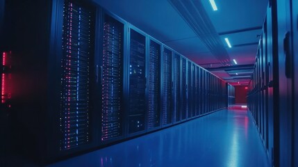 Fototapeta premium Neon Lit Server Room: A Glimpse into the Digital Core
