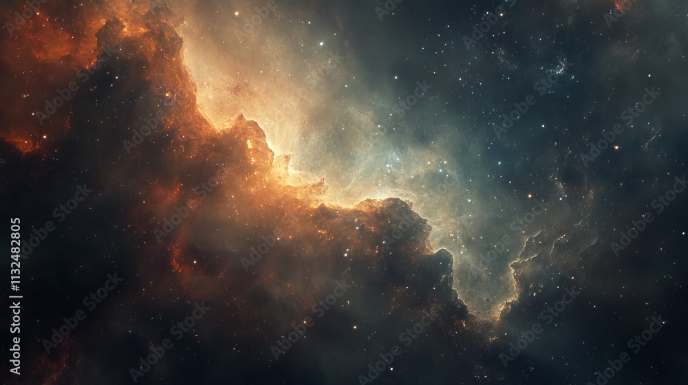 Poster stunning multi-colored nebula in the vastness of outer space, featuring twinkling stars and dynamic 