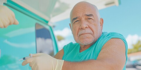 Celebrating International Universal Health Coverage Day Senior Man Vaccinated in Mobile Clinic - A Tribute to Public Health, Thanksgiving, and World Health Day