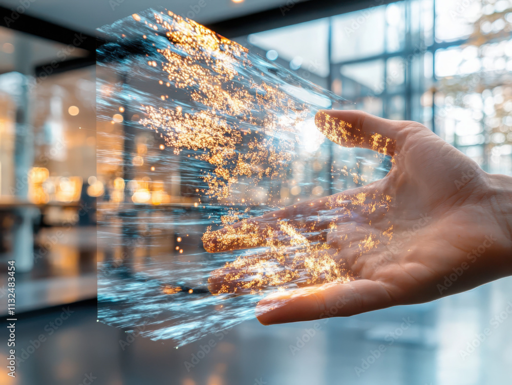 Poster hand interaction with augmented reality graphics in a modern environment blending digital and physic