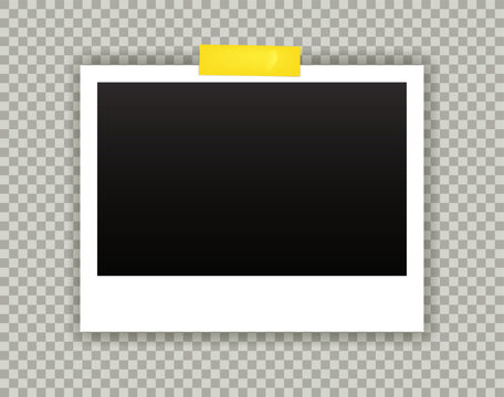 Polaroid frame. Photo 3D mockup. Photograph attached with adhesive tape. Album picture template. Collage image. Scrapbook design. Blank film. Instant camera. Gallery background. Vector banners set