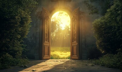 Fototapeta premium Ornate door opens to sunlit field.