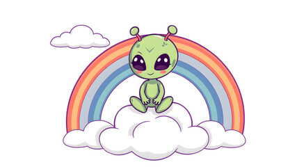 Obraz premium Cute Alien Sitting On Rainbow Cloud Cartoon Vector Icons Illustration. Flat Cartoon Concept. Suitable for any creative project. Generative AI