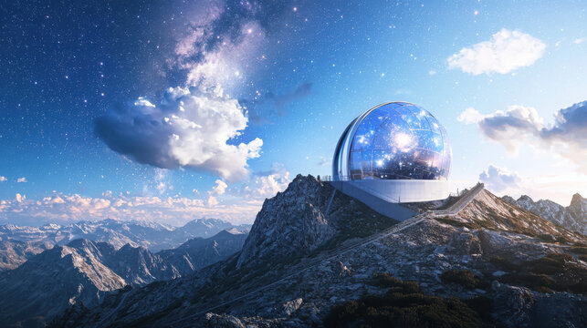 Futuristic celestial observatory stargazing cosmic wonders from a majestic mountaintop
