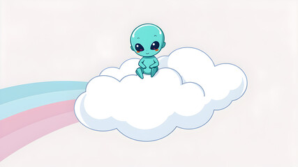 Cute Alien Sitting On Rainbow Cloud Cartoon Vector Icons Illustration. Flat Cartoon Concept. Suitable for any creative project. Generative AI