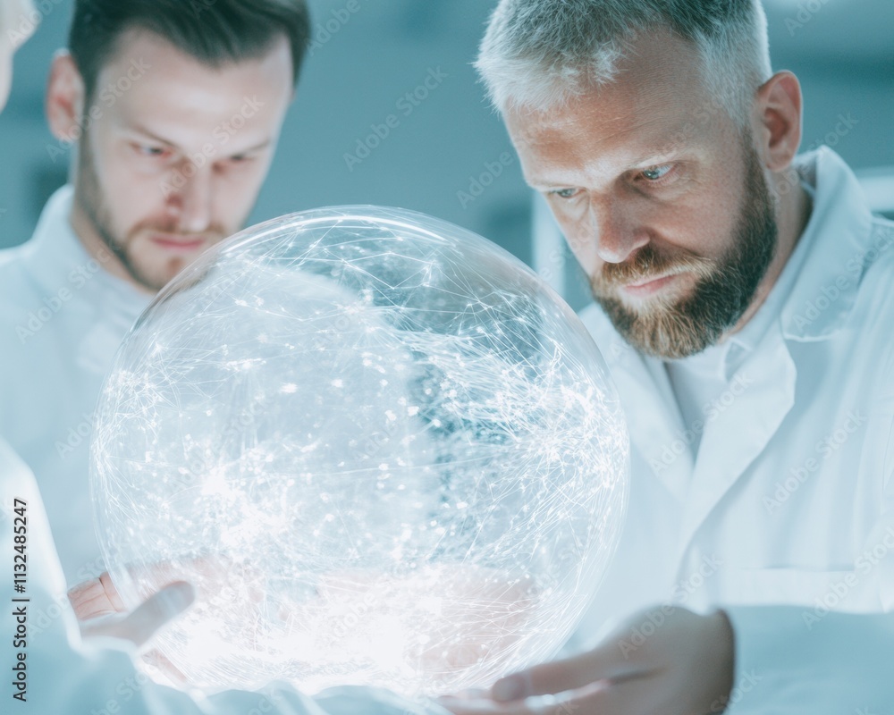 Aufkleber Futuristic Teamwork Engineers Examining Illuminated Sphere in High-Tech Laboratory