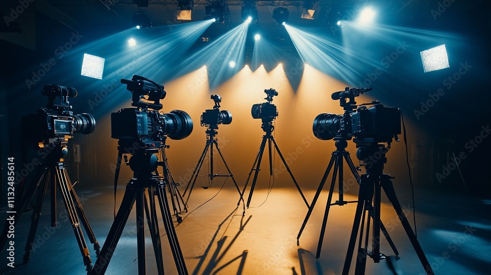 Poster A studio setup with multiple cameras on tripods and dramatic lighting.
