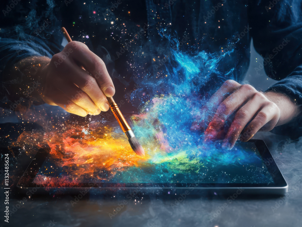 Poster digital art creation artist interacting with digital brushes on glowing tablet abstract colorful env
