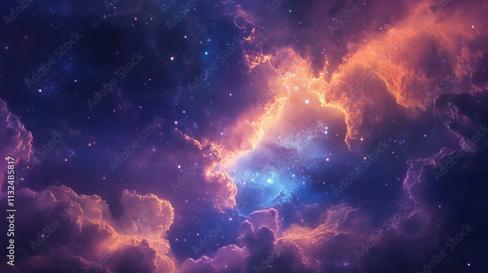 Poster stunning multi-colored nebula in the vastness of outer space, featuring twinkling stars and dynamic 