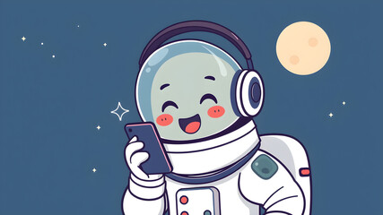 Naklejka premium Cute Astronaut Listening Music With Headphone And Handphone Cartoon Vector Icon Illustration. Science Technology Icon Concept Isolated Premium Vector. Generative AI