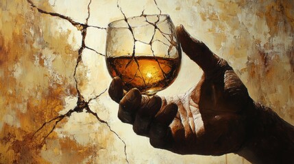Close-up oil painting of an African hand gripping a cracked whisky glass, showcasing intricate textures, rich colors, and surreal artistry with abstract details.