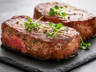 Elegant herb-crusted steak presentation with microgreens fine dining photography