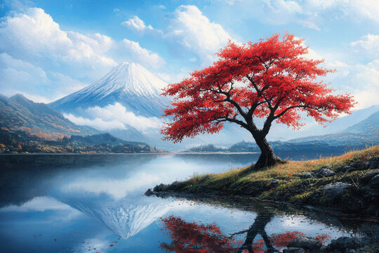 Tranquil lakeside scene solitary momiji tree and majestic mountains in nature photography