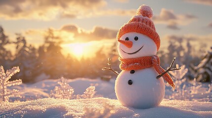 Obraz premium Photo of a happy snowman wearing an orange hat and scarf in a snowy winter landscape at sunset. This concept provides copy space for a Christmas card or New Year's background .Ai