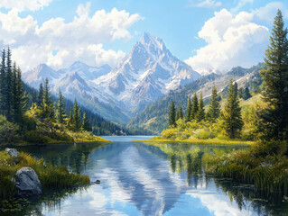 Relaxing retreat by a serene mountain lake nature landscape calm waters inviting reflection tranquil environment