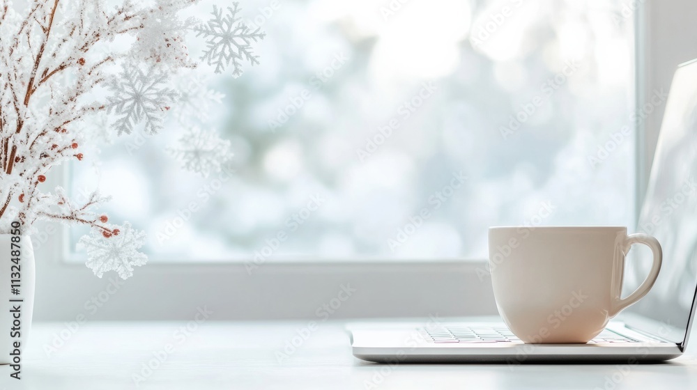Poster Cozy Winter Workspace with Laptop and Tea in Snowy Setting for Online Learning