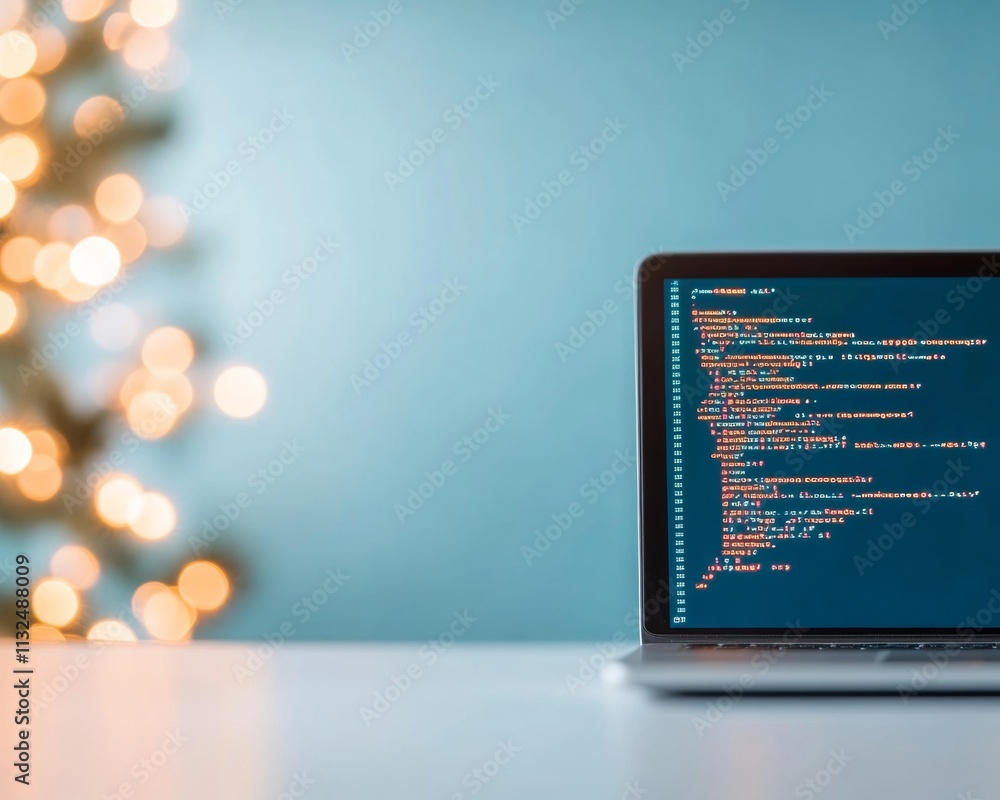 Poster Digital Learning Software Development Code with Festive Lights in Modern Workspace