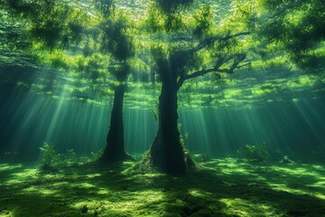 Obraz premium Sunbeams illuminate submerged trees in crystal-clear water, creating a magical underwater forest scene.