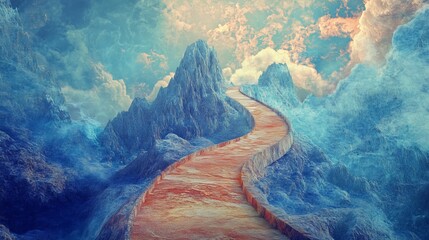 Serpentine path ascends  icy, colorful mountains.