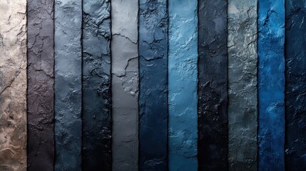Fototapeta premium Vertical stripes of textured blue paint samples showing various shades.