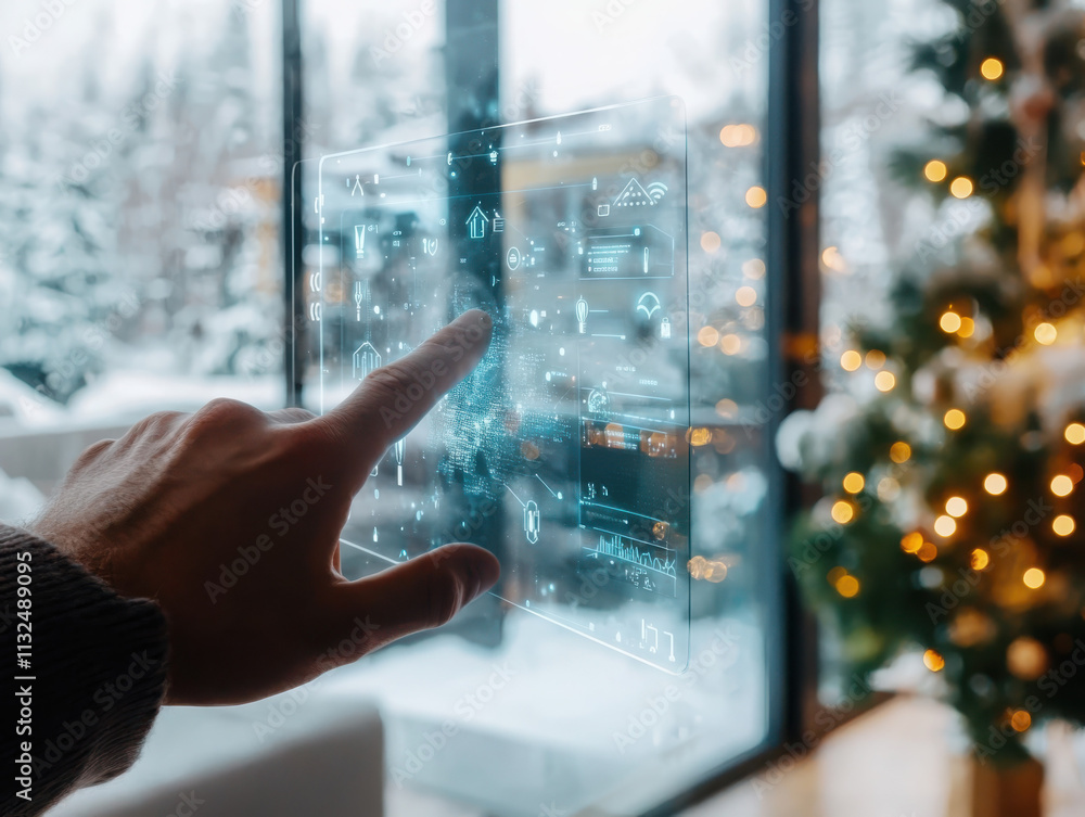Poster interacting with a transparent smart home control panel in a cozy living room setting for optimal li