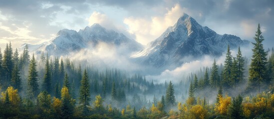 Fototapeta premium Misty mountain landscape with evergreen forest.