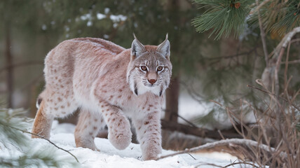 Lynx stalking through the frosty forest, calm and wild atmosphere