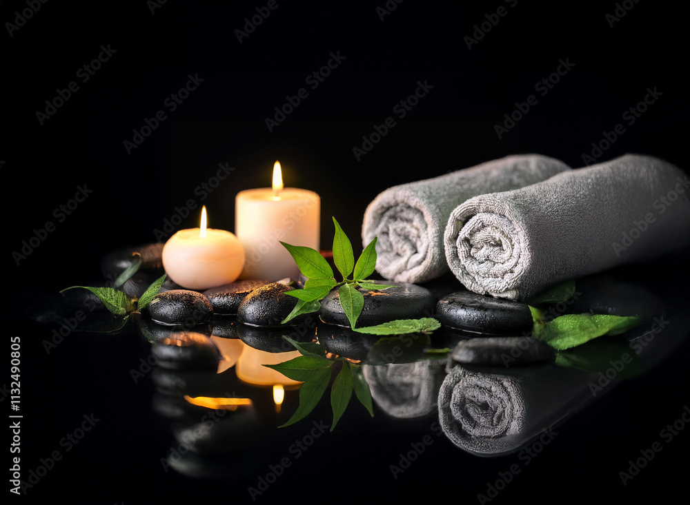 Poster serene spa setting: lit candles, rolled towels, and smooth black stones with vibrant green leaves re