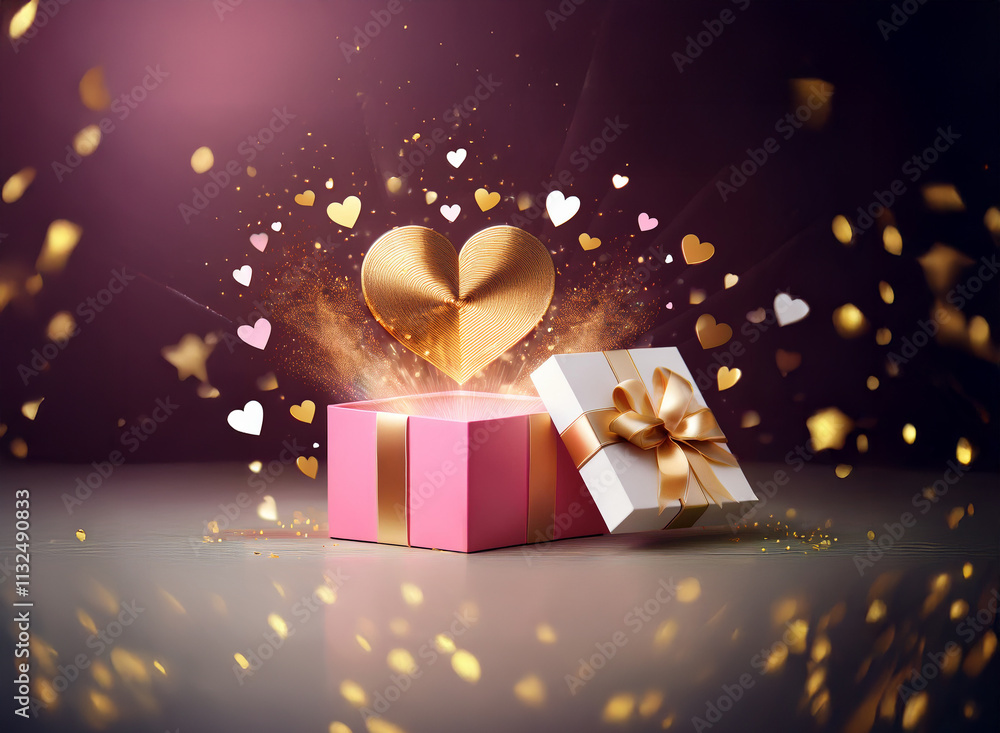 Poster a pink gift box with a gold bow explodes with golden hearts and sparkles, creating a magical, romant