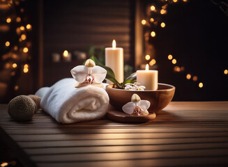Obraz premium Serene spa setting with white orchids, lit candles, and smooth stones in a wooden bowl, on a wooden surface. Warm, inviting, and relaxing atmosphere.