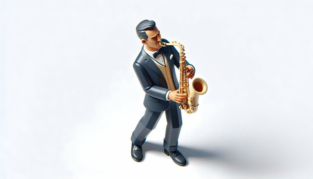 musical instrument A 3D isometric baritone saxophone player in a jazz ensemble suit, standing and performing passionate4