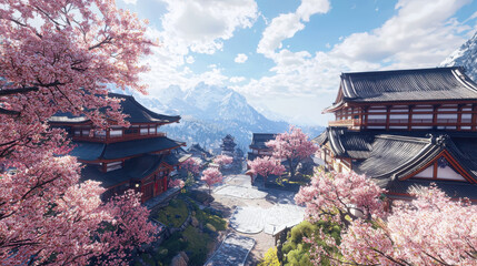 Fototapeta premium Cherry blossom serenity amidst traditional japanese architecture full bloom scene tranquil environment panoramic viewpoint evoking peacefulness