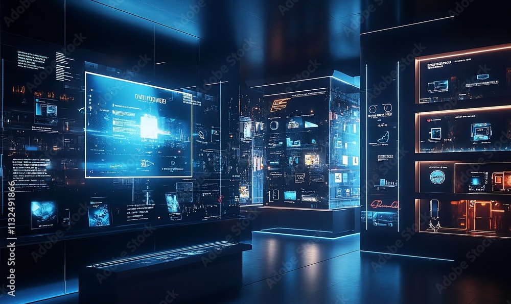 Poster Futuristic display of technology and information in a sleek environment.