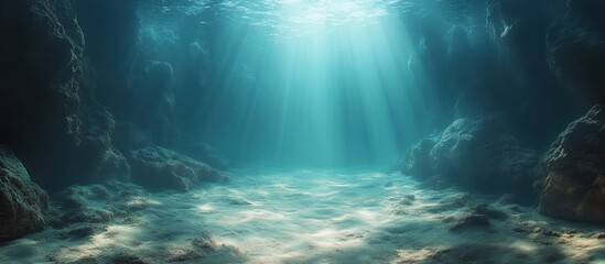 Obraz premium Sunbeams illuminate an underwater seabed with dark rocky formations.