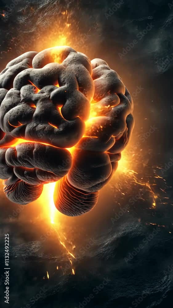 Poster unique artistic representation of a brain illuminated by glowing orange sparks and energy in a surre