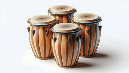 musical instrument A 3D bongo drum set with natural wood textures and matching rims, isolated on a white background