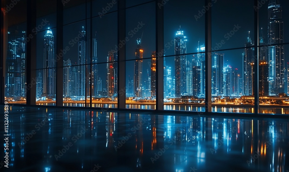 Poster night view of a city skyline through large windows with reflections.