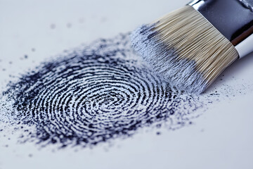 Close-up of a fingerprint being dusted with powder using a brush, symbolizing forensic investigation, crime scene analysis, identification, and the science of uncovering evidence