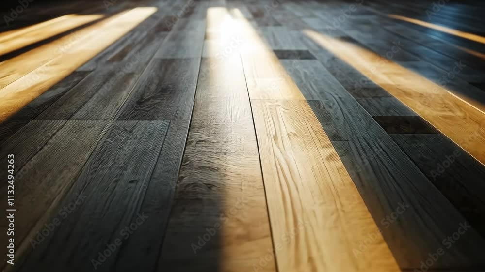 Poster light filters through a window illuminating the texture of wooden floorboards in a warm atmosphere