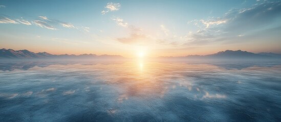 Serene sunset over calm water with mountain reflections.