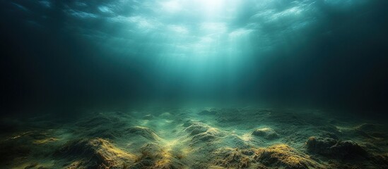 Sunbeams illuminate the dark seabed, rocky underwater landscape.