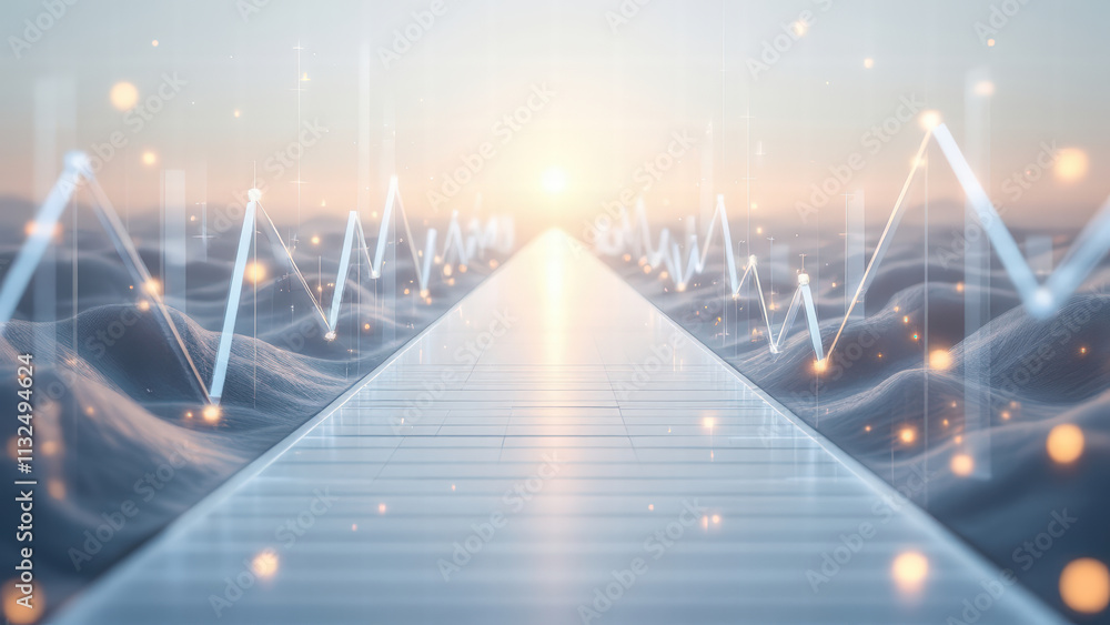 Poster futuristic glowing pathway surrounded by abstract waves and data lines, symbolizing innovation and t
