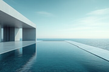 Fototapeta premium Modern minimalist house with infinity pool overlooking ocean.