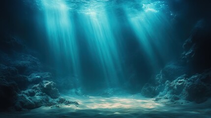 Obraz premium Sunbeams illuminate a serene underwater seascape, revealing a sandy ocean floor and dark rocky formations.
